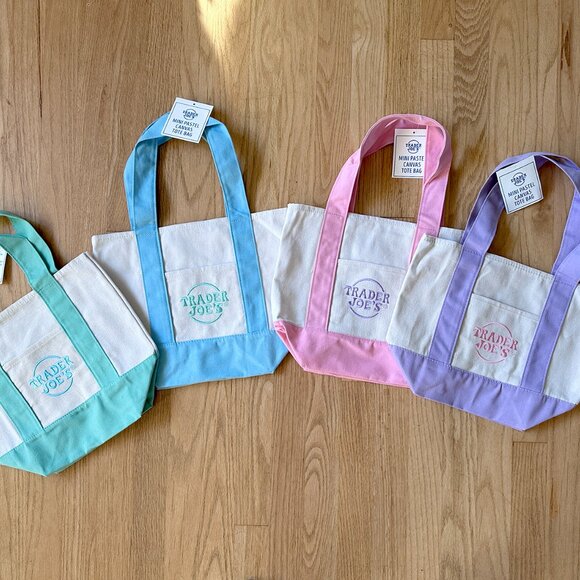 NEW 4X Trader Joe's Mini Pastel Canvas Tote Bag Spring Colors Set of 4 Bags HTF - Picture 2 of 2